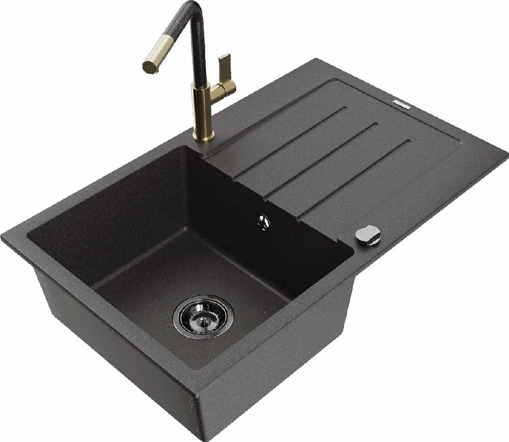 Granitinė virtuvinė plautuvė Mexen Bruno su maišytuvu ir sifonu, Juodas granite+Juodas granite/Gold