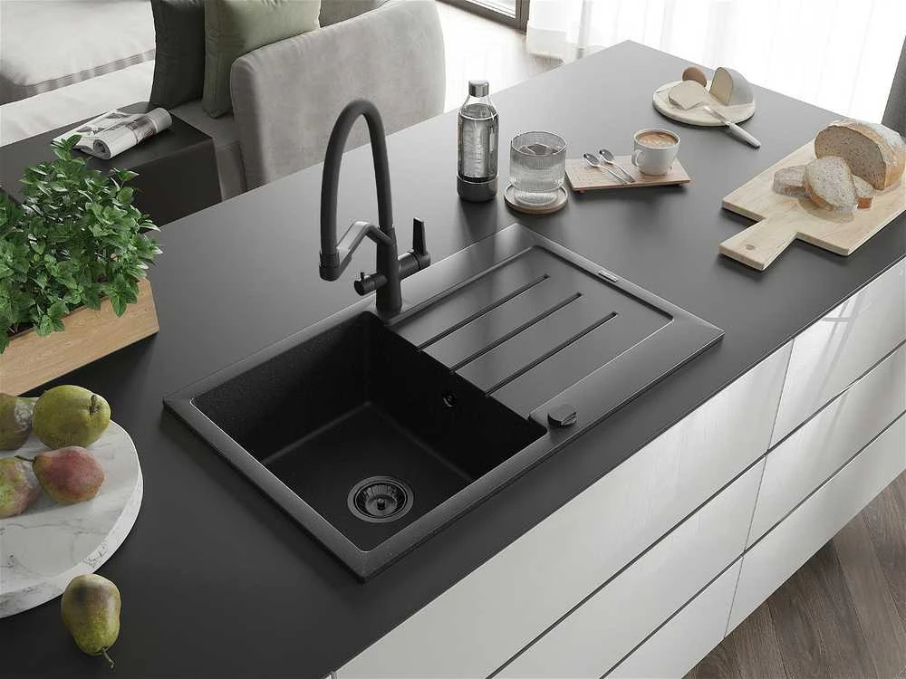 Granitinė virtuvinė plautuvė Mexen Bruno su maišytuvu ir sifonu, Metallic juodas/sidabrinis+Juodas