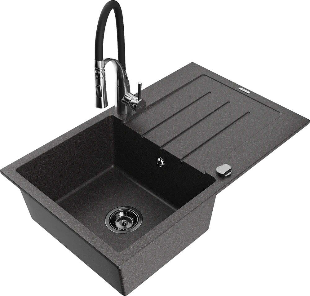 Granitinė virtuvinė plautuvė Mexen Bruno su maišytuvu ir sifonu, Juodas granite+Juodas/Chrome