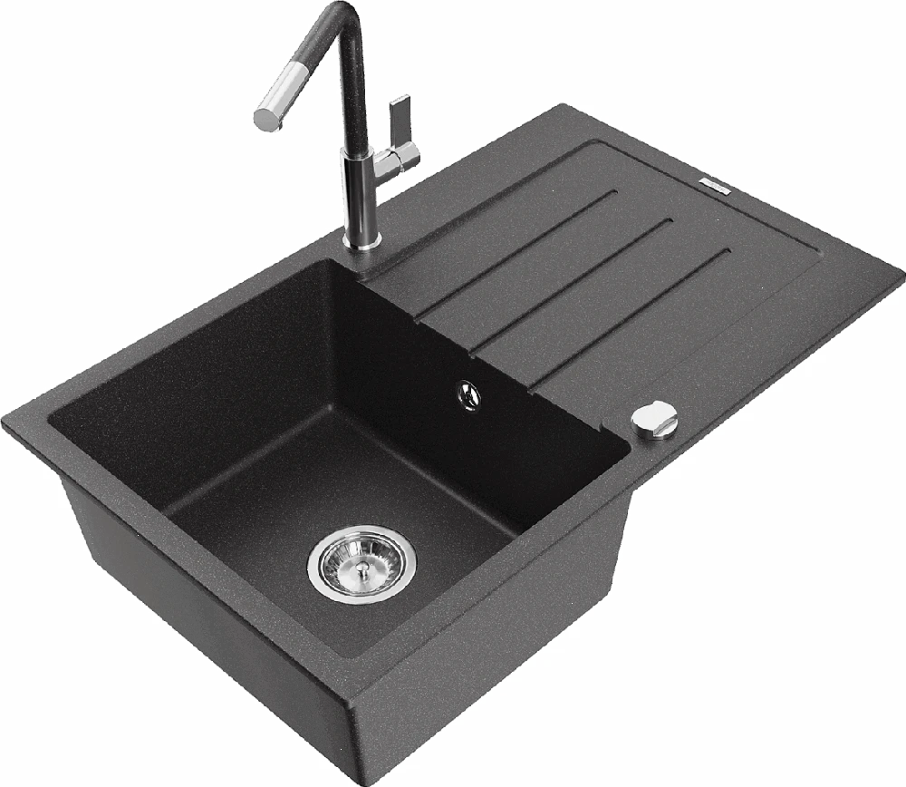Granitinė virtuvinė plautuvė Mexen Bruno su maišytuvu ir sifonu, Juodas granite+Juodas granite/Chrome
