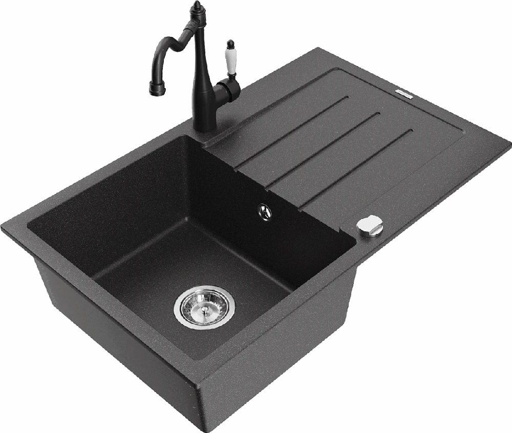 Granitinė virtuvinė plautuvė Mexen Bruno su maišytuvu ir sifonu, Juodas granite+Juodas