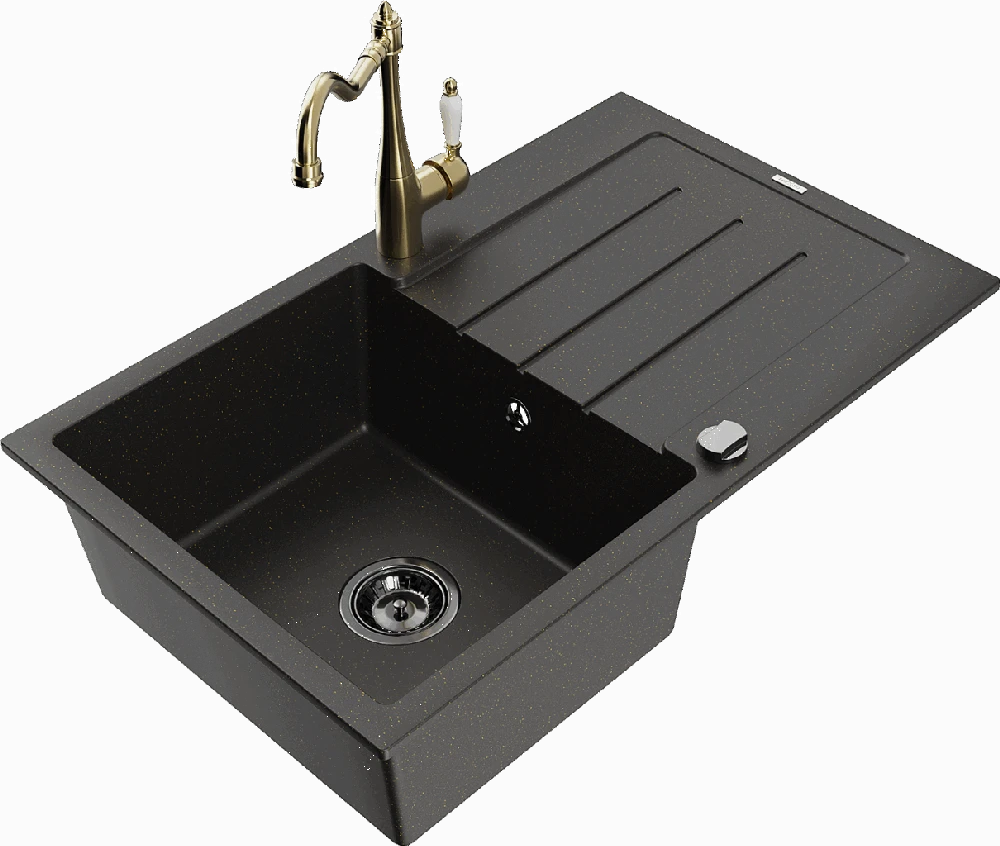 Granitinė virtuvinė plautuvė Mexen Bruno su maišytuvu ir sifonu, Metallic juodas/auksinis+Gold