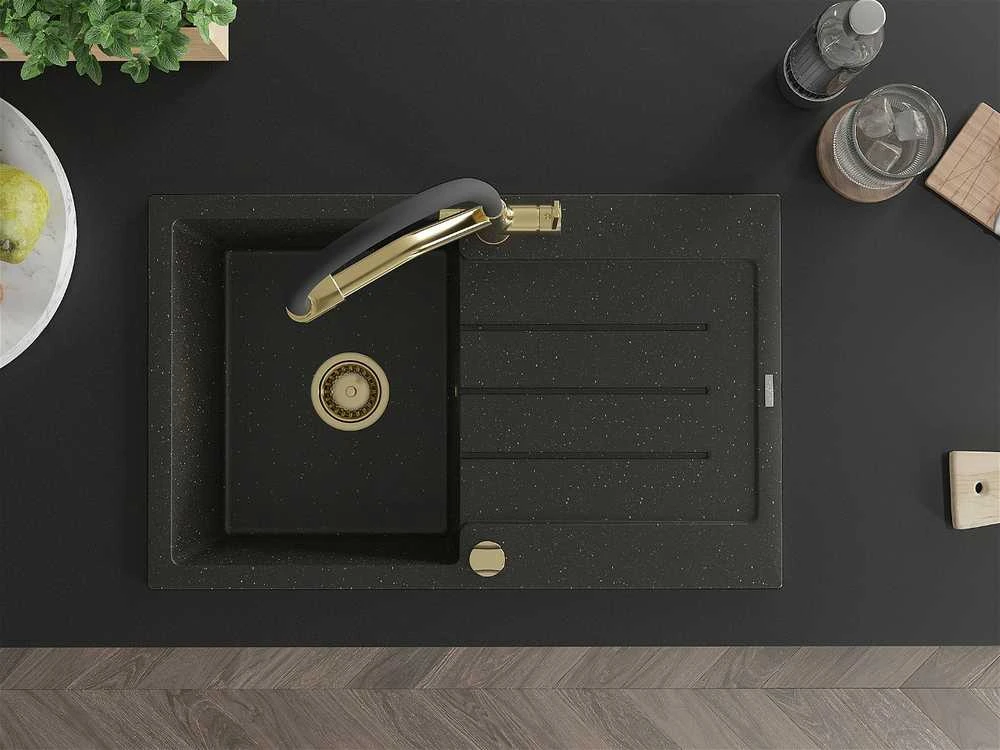 Granitinė virtuvinė plautuvė Mexen Bruno su maišytuvu ir sifonu, Metallic juodas/auksinis+Juodas/Gold