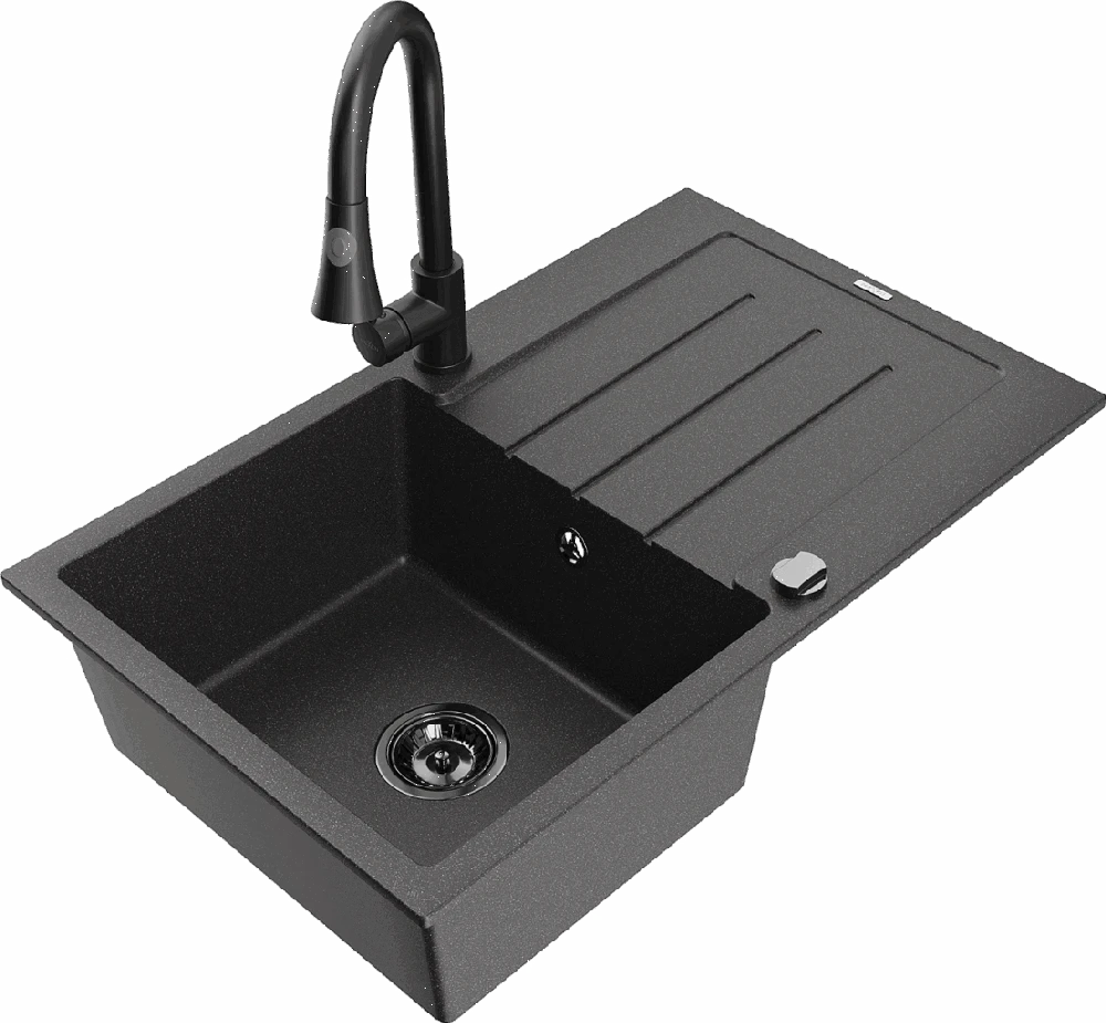 Granitinė virtuvinė plautuvė Mexen Bruno su maišytuvu ir sifonu, Juodas granite+Juodas
