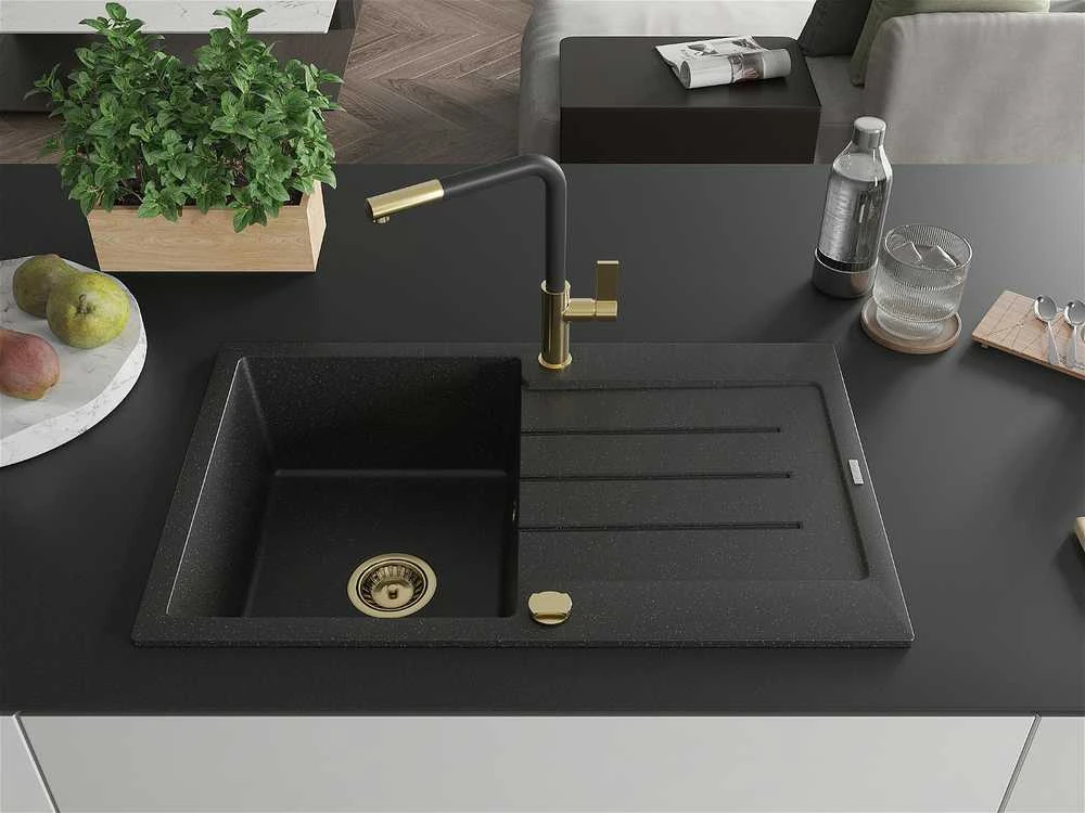 Granitinė virtuvinė plautuvė Mexen Bruno su maišytuvu ir sifonu, Metallic juodas/sidabrinis+Juodas/Gold