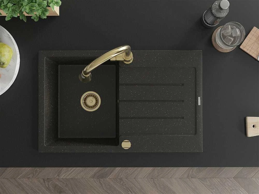 Granitinė virtuvinė plautuvė Mexen Bruno su maišytuvu ir sifonu, Metallic juodas/auksinis+Gold