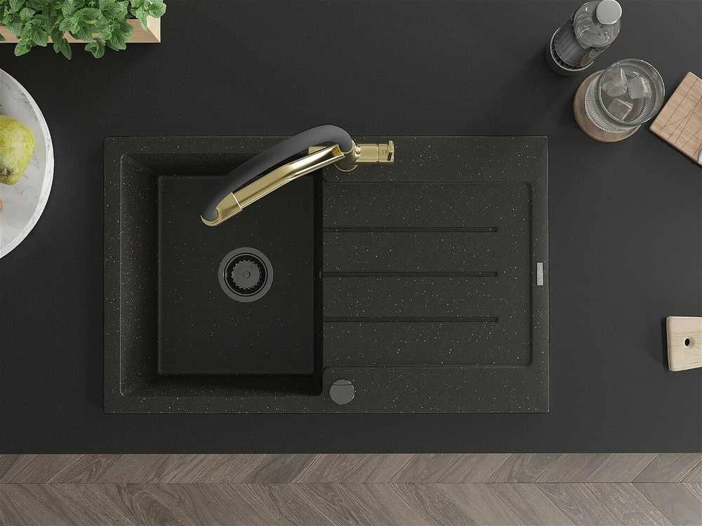 Granitinė virtuvinė plautuvė Mexen Bruno su maišytuvu ir sifonu, Metallic juodas/auksinis+Juodas/Gold