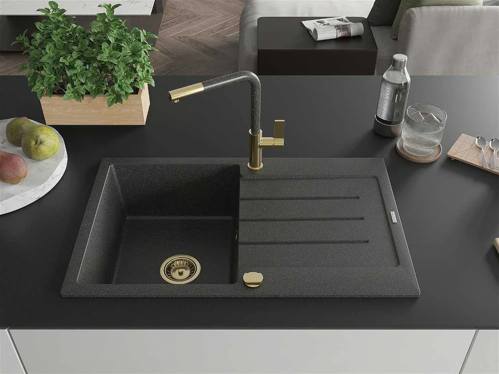 Granitinė virtuvinė plautuvė Mexen Bruno su maišytuvu ir sifonu, Juodas granite+Juodas granite/Gold