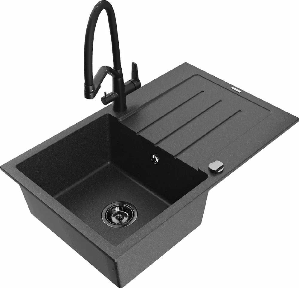 Granitinė virtuvinė plautuvė Mexen Bruno su maišytuvu ir sifonu, Juodas granite+Juodas