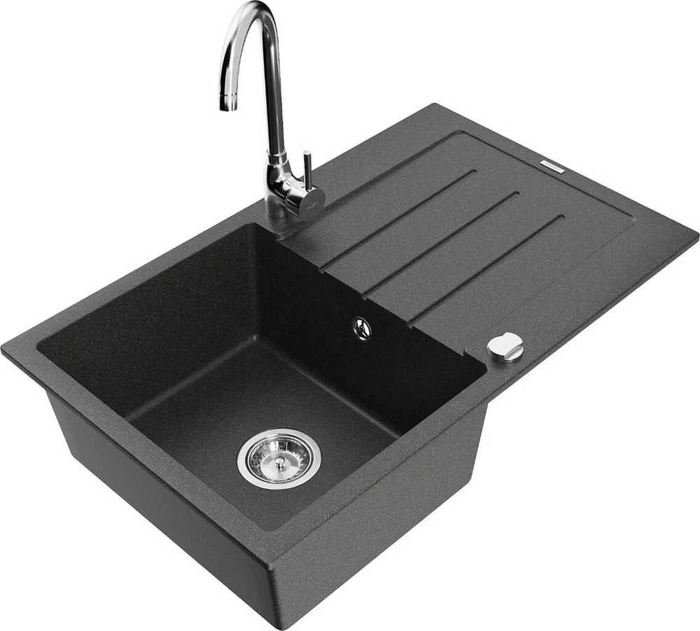 Granitinė virtuvinė plautuvė Mexen Bruno su maišytuvu ir sifonu, Juodas granite+Chrome