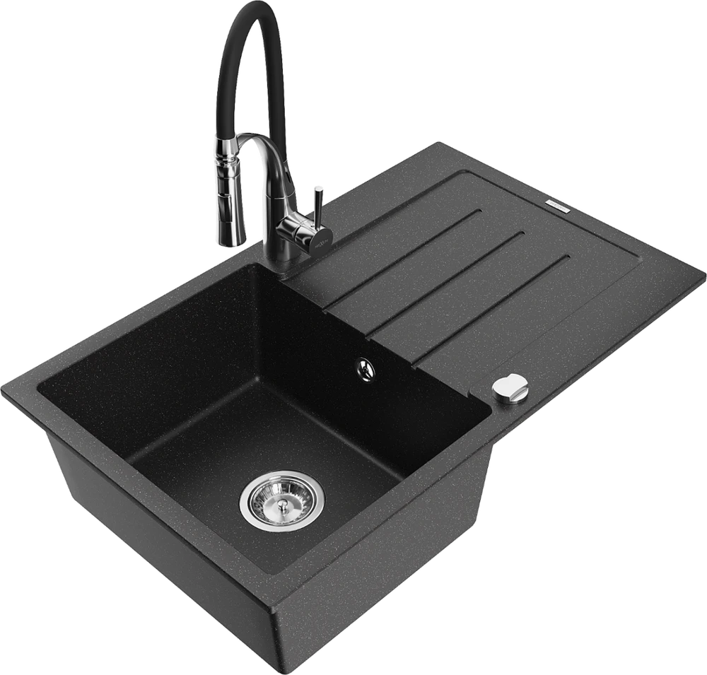 Granitinė virtuvinė plautuvė Mexen Bruno su maišytuvu ir sifonu, Metallic juodas/sidabrinis+Juodas/Chrome