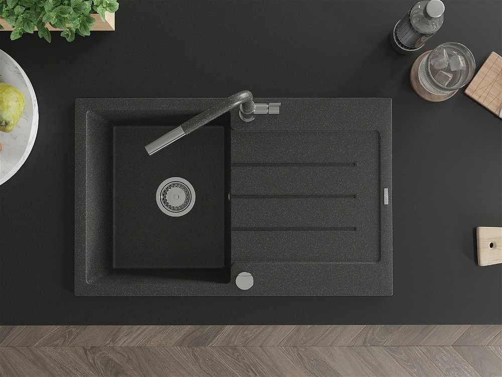 Granitinė virtuvinė plautuvė Mexen Bruno su maišytuvu ir sifonu, Juodas granite+Juodas granite/Chrome