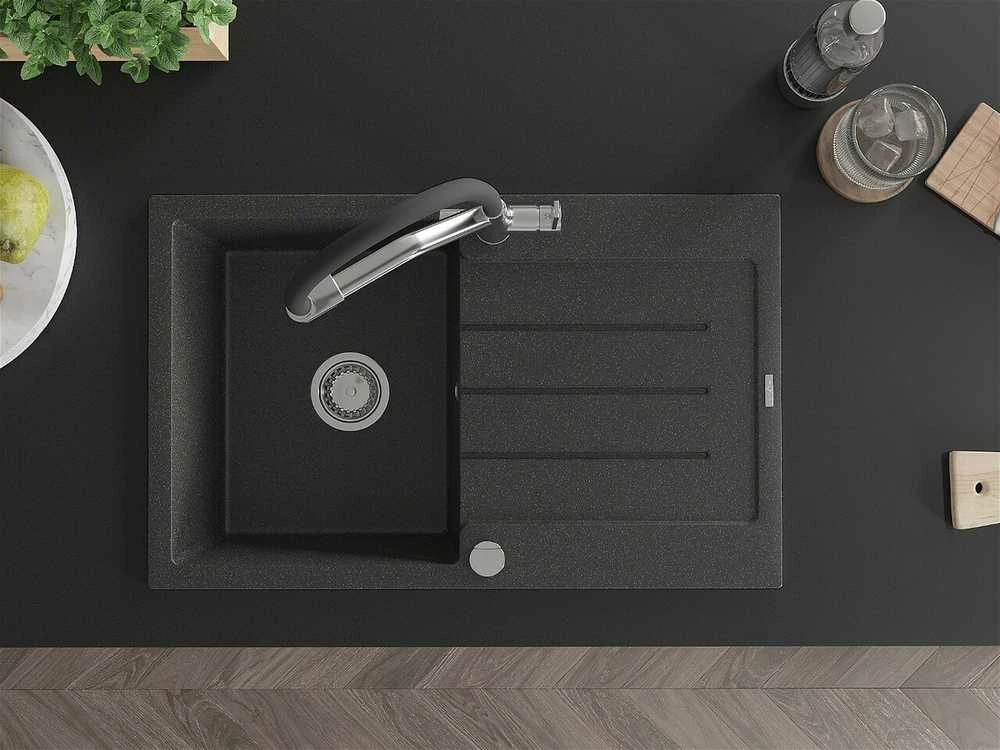 Granitinė virtuvinė plautuvė Mexen Bruno su maišytuvu ir sifonu, Juodas granite+Juodas/Chrome