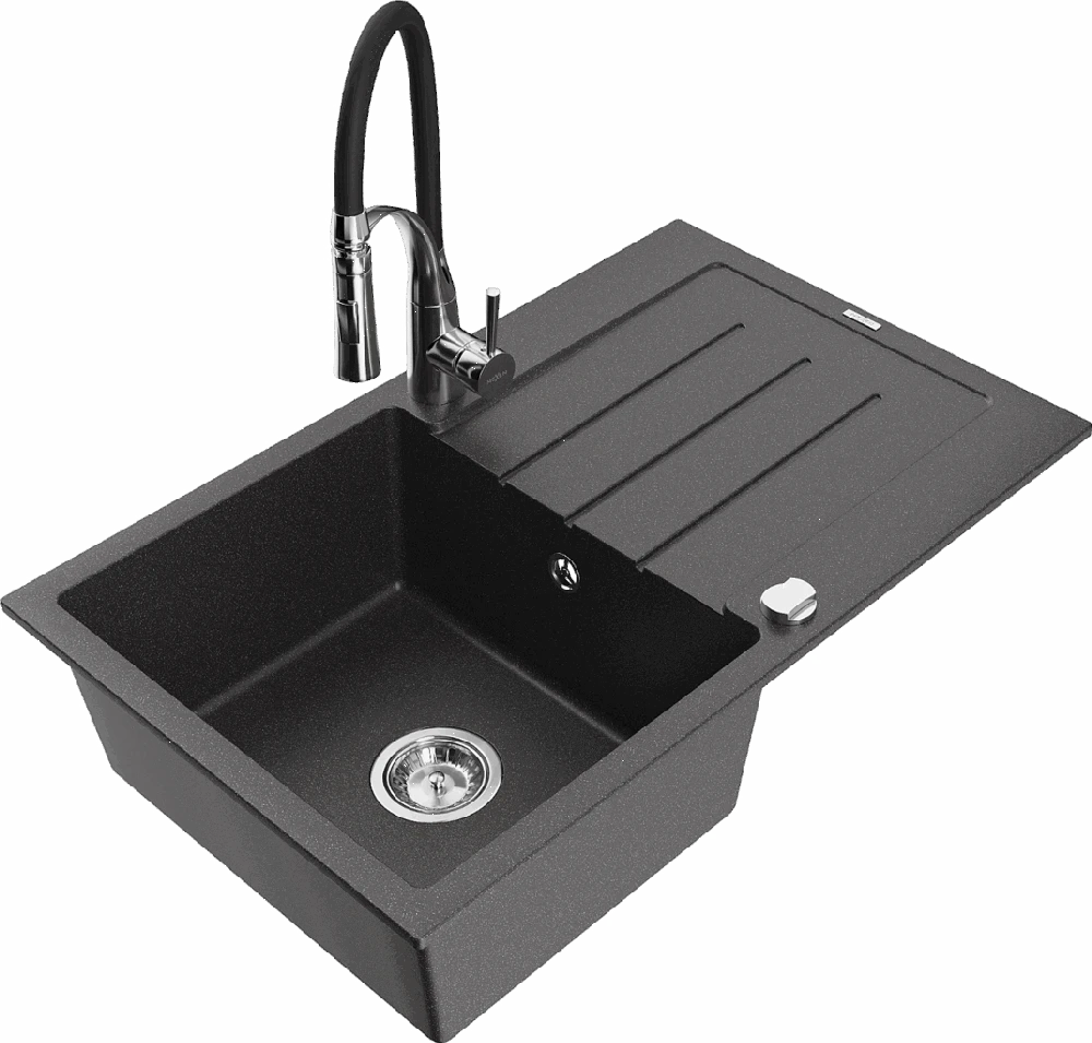 Granitinė virtuvinė plautuvė Mexen Bruno su maišytuvu ir sifonu, Juodas granite+Juodas/Chrome