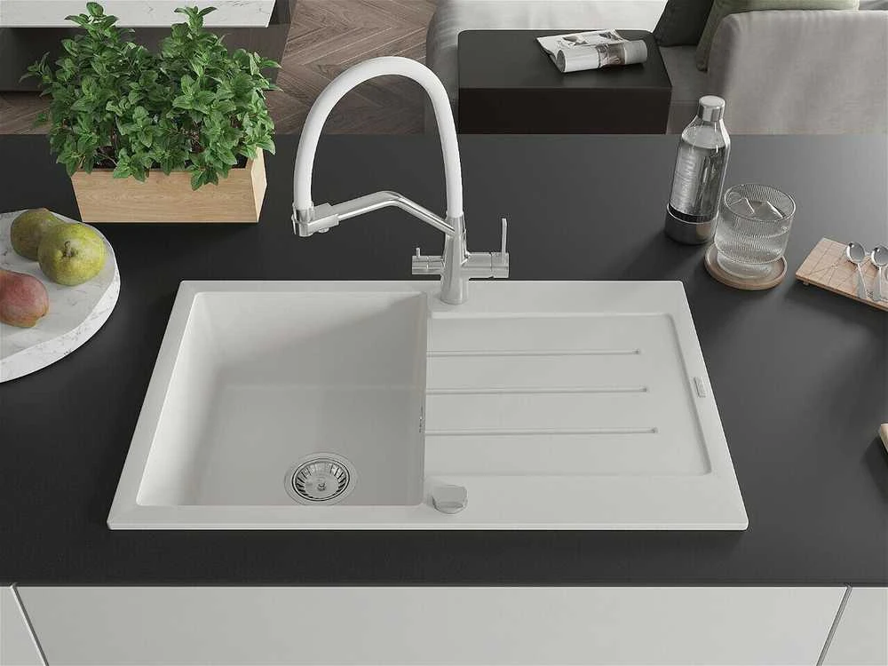 Granitinė virtuvinė plautuvė Mexen Bruno su maišytuvu ir sifonu, Baltas+Baltas/Chrome
