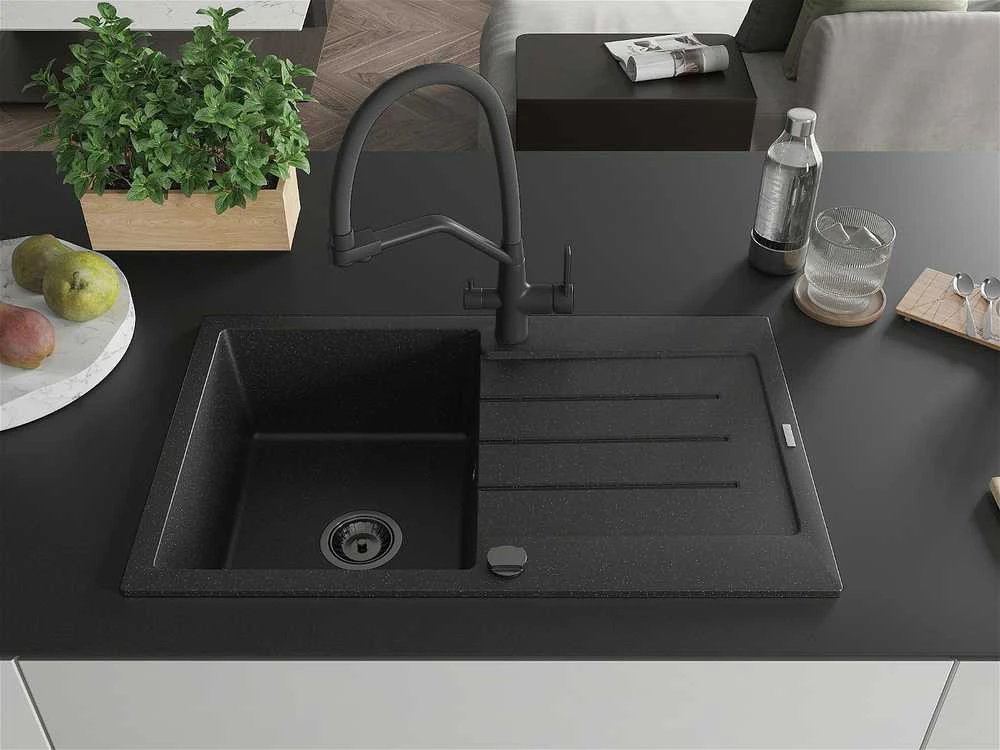 Granitinė virtuvinė plautuvė Mexen Bruno su maišytuvu ir sifonu, Metallic juodas/sidabrinis+Juodas