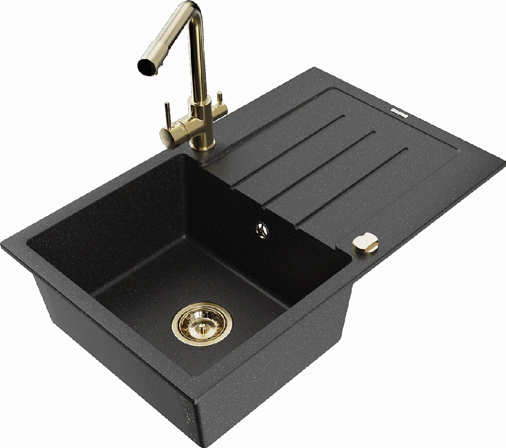 Granitinė virtuvinė plautuvė Mexen Bruno su maišytuvu ir sifonu, Metallic juodas/sliver+Gold