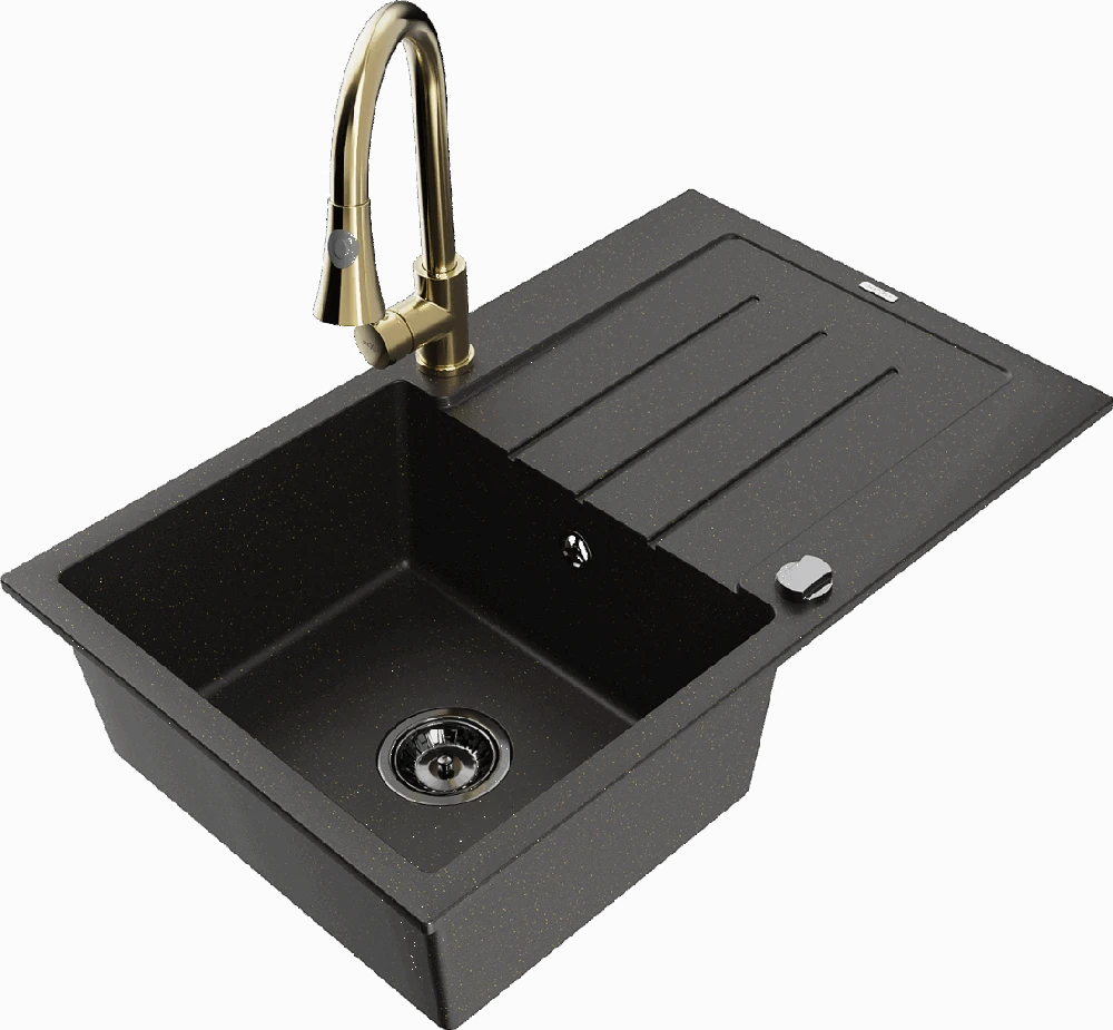 Granitinė virtuvinė plautuvė Mexen Bruno su maišytuvu ir sifonu, Metallic juodas/auksinis+Gold