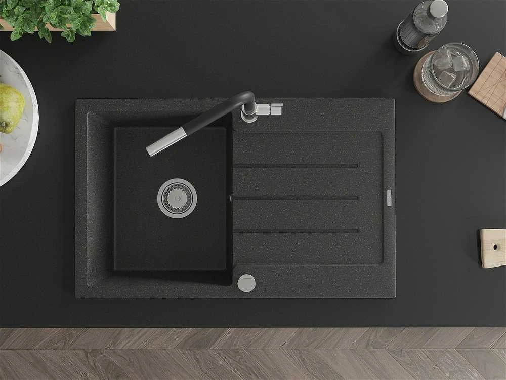 Granitinė virtuvinė plautuvė Mexen Bruno su maišytuvu ir sifonu, Juodas granite+Juodas/Chrome