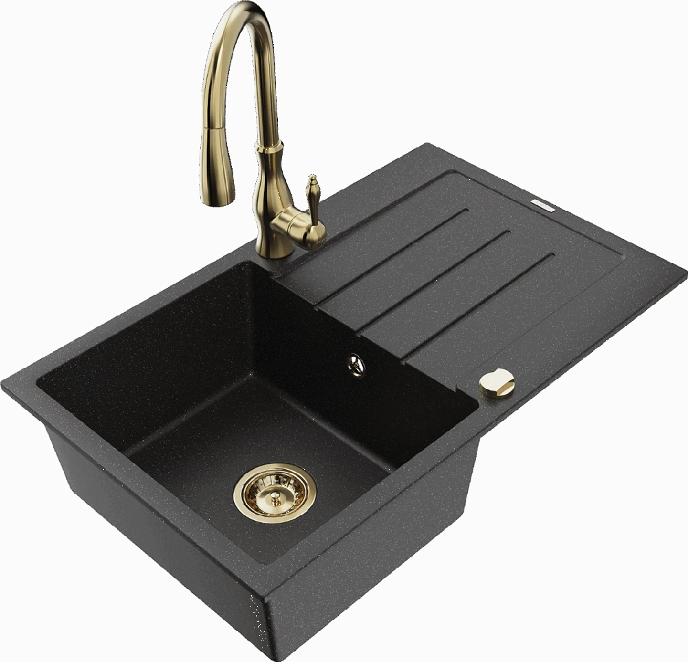 Granitinė virtuvinė plautuvė Mexen Bruno su maišytuvu ir sifonu, Metallic juodas/sidabrinis+Gold