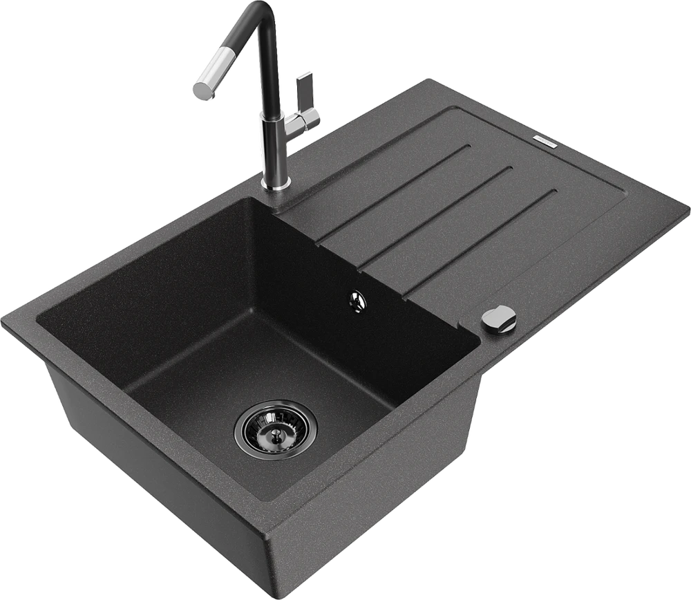 Granitinė virtuvinė plautuvė Mexen Bruno su maišytuvu ir sifonu, Juodas granite+Juodas/Chrome