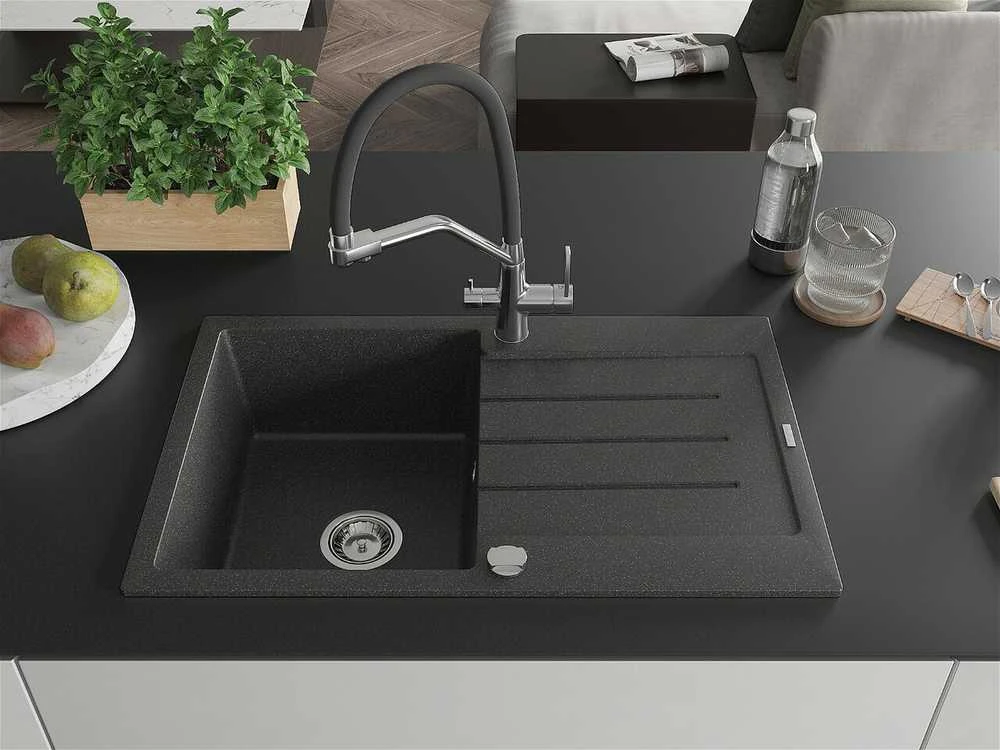 Granitinė virtuvinė plautuvė Mexen Bruno su maišytuvu ir sifonu, Juodas granite+Juodas/Chrome