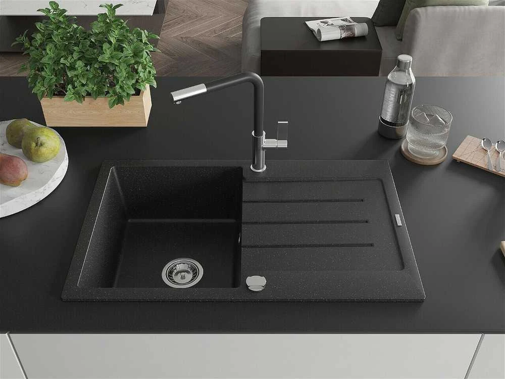 Granitinė virtuvinė plautuvė Mexen Bruno su maišytuvu ir sifonu, Metallic juodas/sidabrinis+Juodas/Chrome