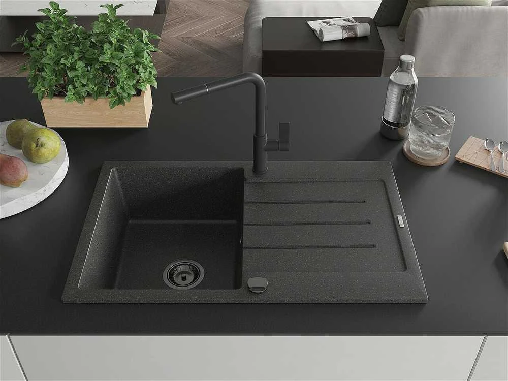 Granitinė virtuvinė plautuvė Mexen Bruno su maišytuvu ir sifonu, Juodas granite+Juodas