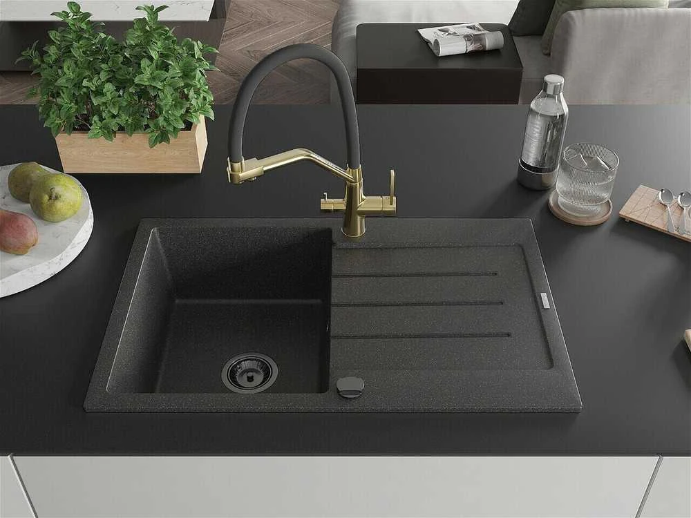 Granitinė virtuvinė plautuvė Mexen Bruno su maišytuvu ir sifonu, Juodas granite+Juodas/Gold