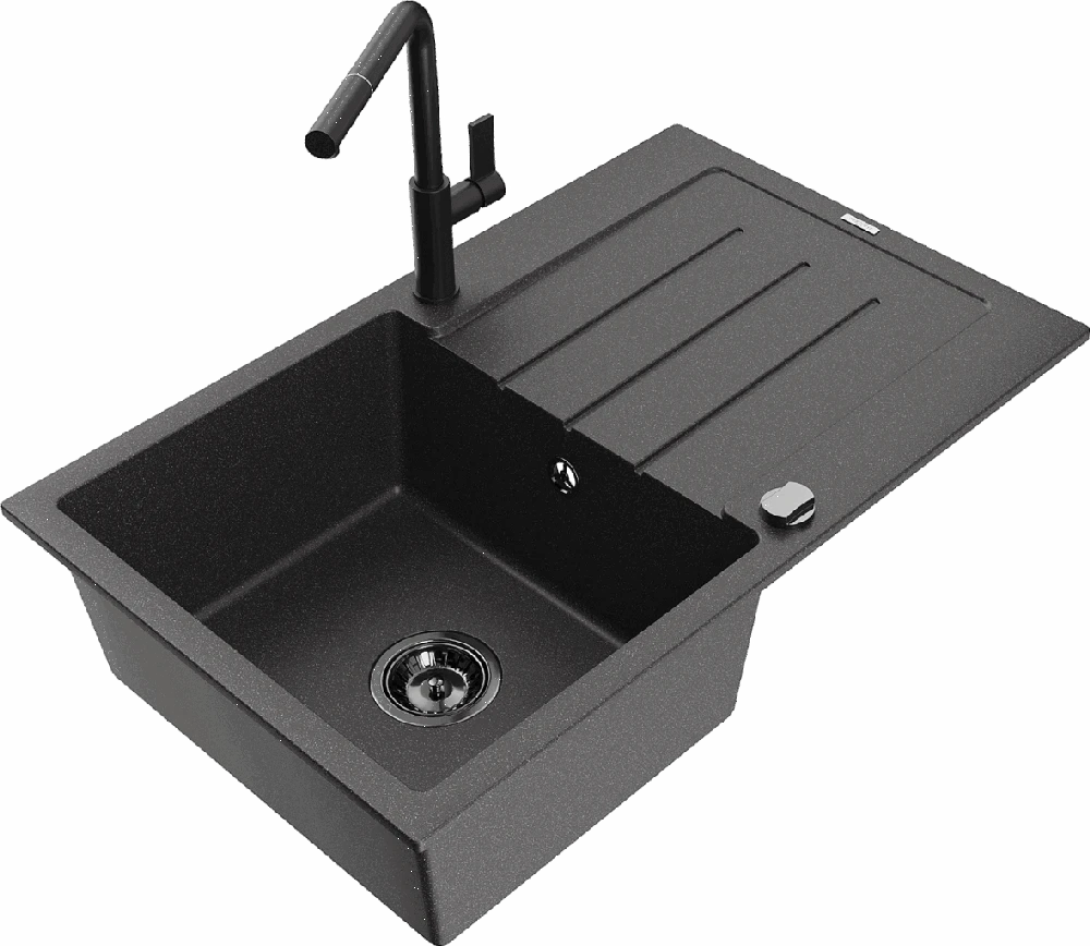 Granitinė virtuvinė plautuvė Mexen Bruno su maišytuvu ir sifonu, Juodas granite+Juodas