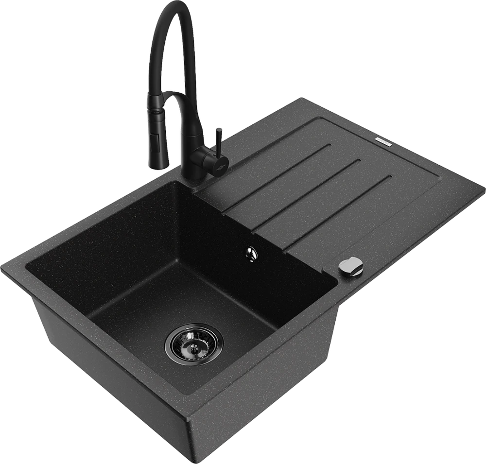 Granitinė virtuvinė plautuvė Mexen Bruno su maišytuvu ir sifonu, Metallic juodas/sidabrinis+Juodas