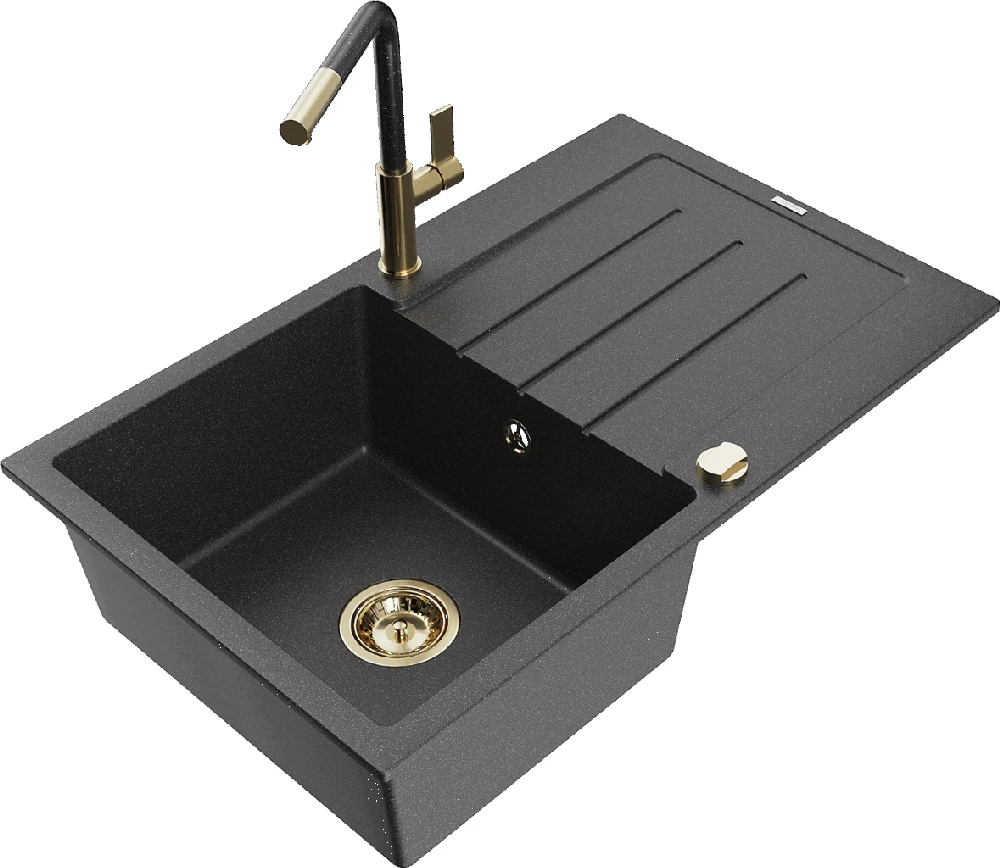 Granitinė virtuvinė plautuvė Mexen Bruno su maišytuvu ir sifonu, Juodas granite+Juodas granite/Gold