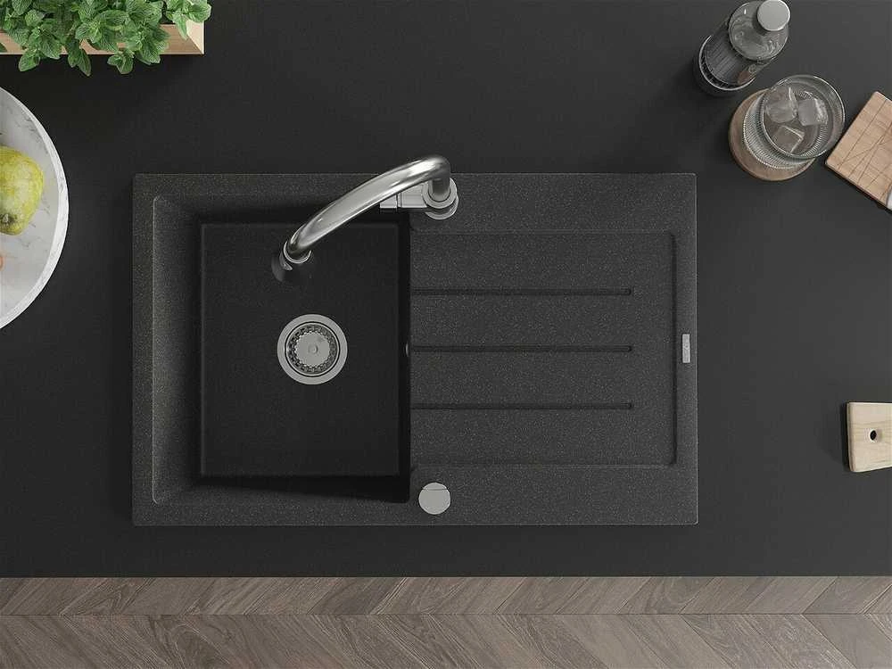 Granitinė virtuvinė plautuvė Mexen Bruno su maišytuvu ir sifonu, Juodas granite+Chrome
