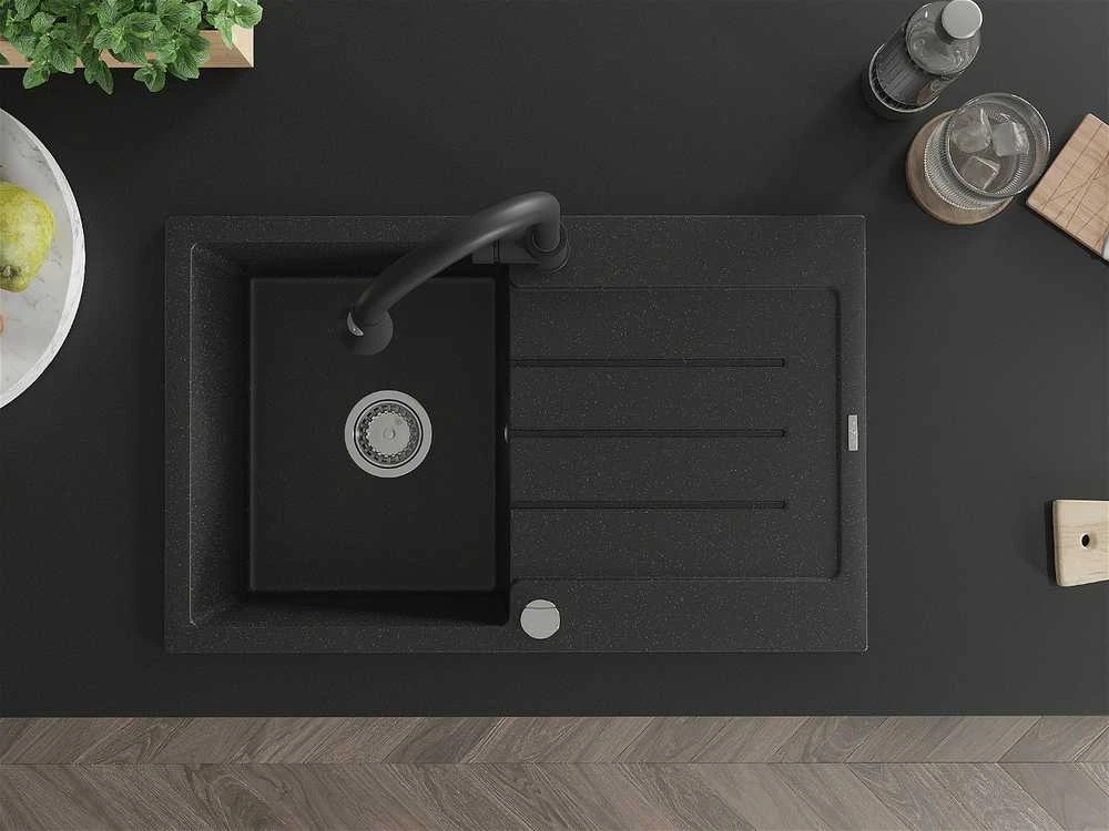 Granitinė virtuvinė plautuvė Mexen Bruno su maišytuvu ir sifonu, Metallic juodas/sidabrinis+Juodas