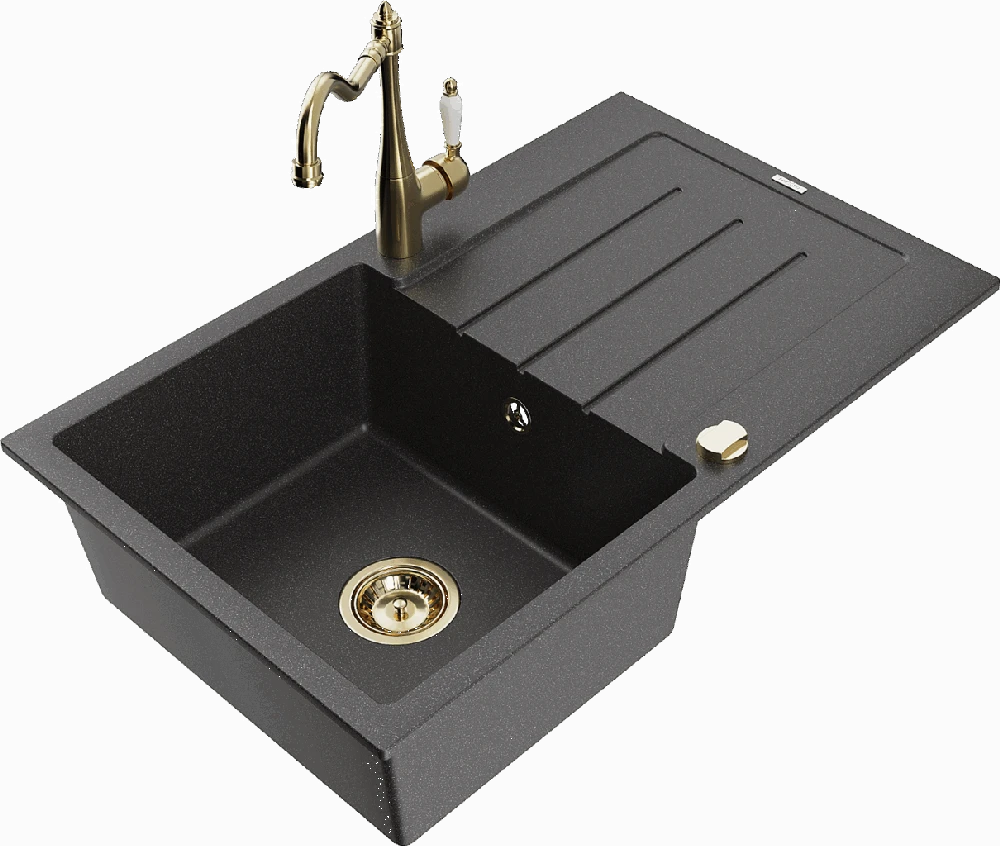 Granitinė virtuvinė plautuvė Mexen Bruno su maišytuvu ir sifonu, Juodas granite+Gold
