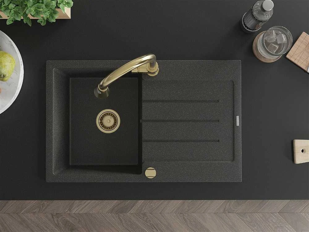 Granitinė virtuvinė plautuvė Mexen Bruno su maišytuvu ir sifonu, Juodas granite+Gold