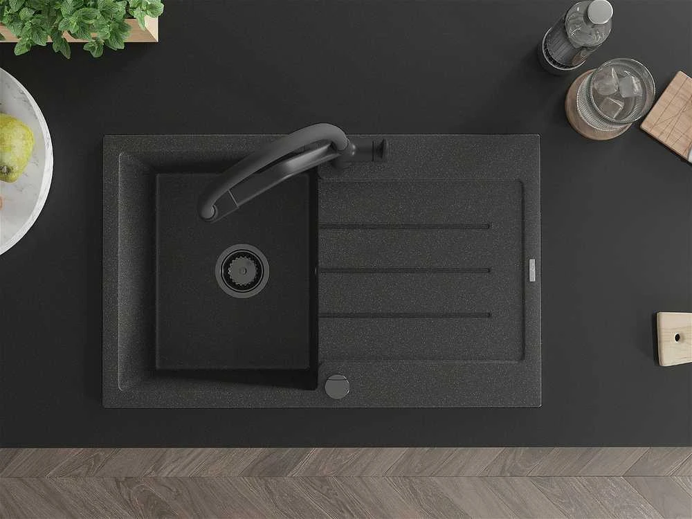 Granitinė virtuvinė plautuvė Mexen Bruno su maišytuvu ir sifonu, Juodas granite+Juodas
