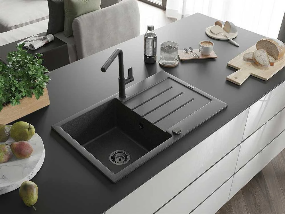 Granitinė virtuvinė plautuvė Mexen Bruno su maišytuvu ir sifonu, Juodas granite+Juodas
