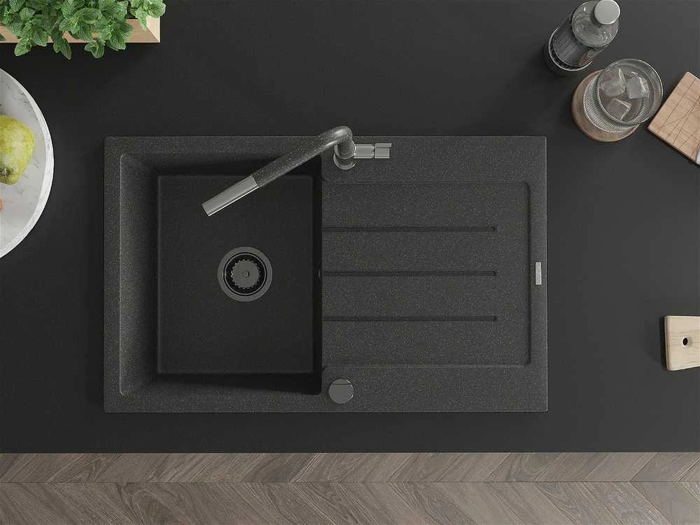 Granitinė virtuvinė plautuvė Mexen Bruno su maišytuvu ir sifonu, Juodas granite+Juodas granite/Chrome