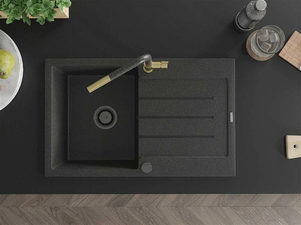 Granitinė virtuvinė plautuvė Mexen Bruno su maišytuvu ir sifonu, Juodas granite+Juodas granite/Gold