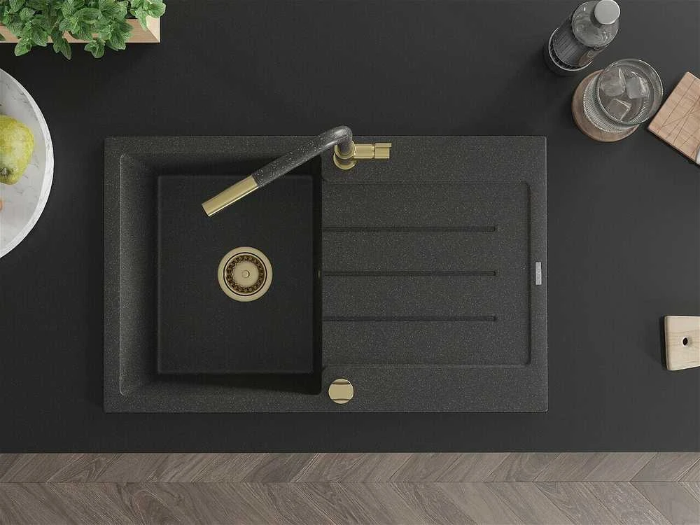 Granitinė virtuvinė plautuvė Mexen Bruno su maišytuvu ir sifonu, Juodas granite+Juodas granite/Gold