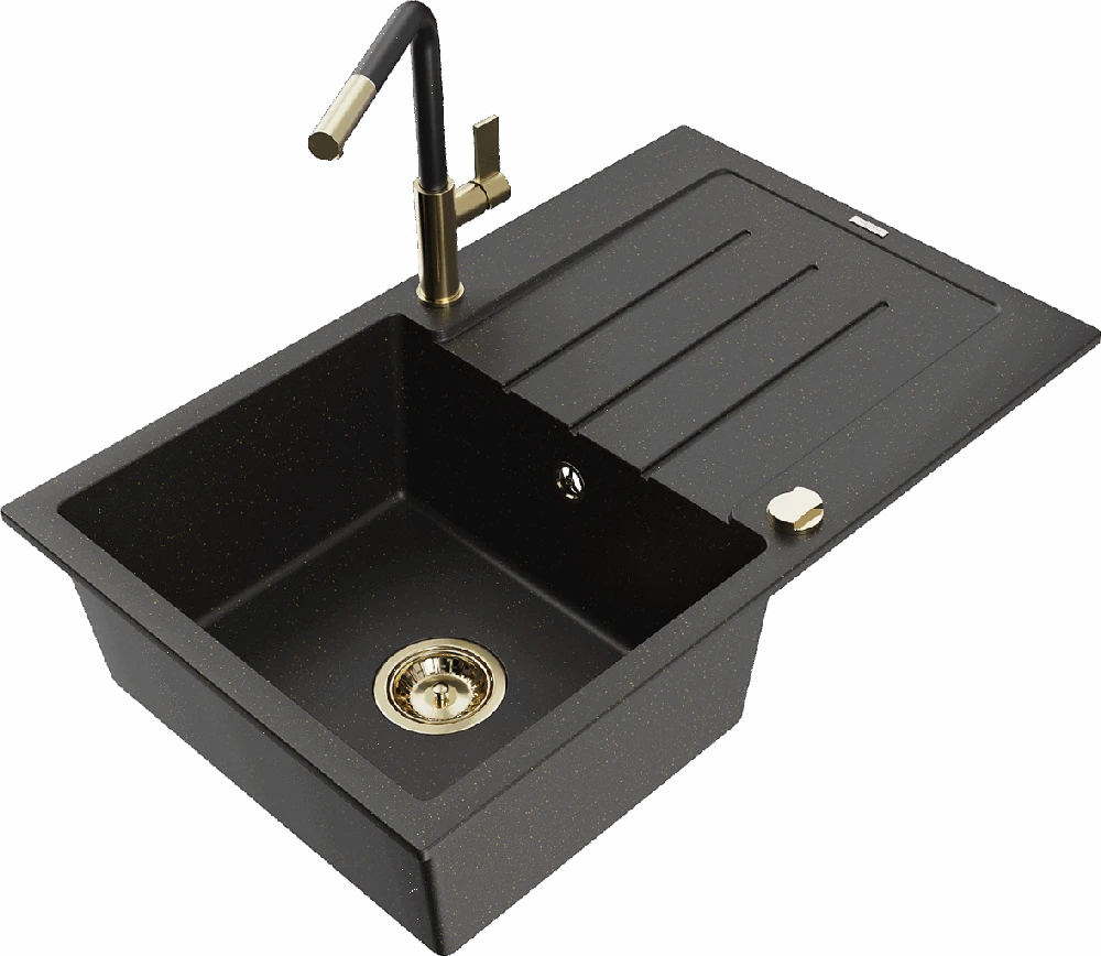 Granitinė virtuvinė plautuvė Mexen Bruno su maišytuvu ir sifonu, Metallic juodas/auksinis+Juodas/Gold