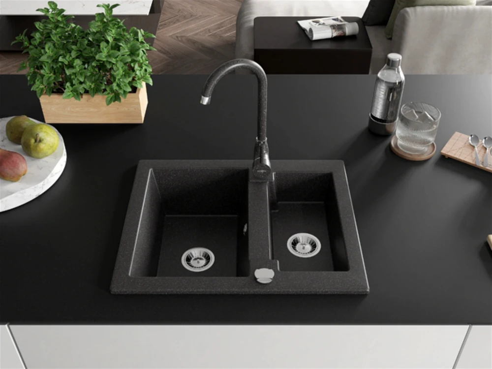 Granitinė virtuvinė plautuvė Mexen Carlos su maišytuvu ir sifonu, Juodas granite