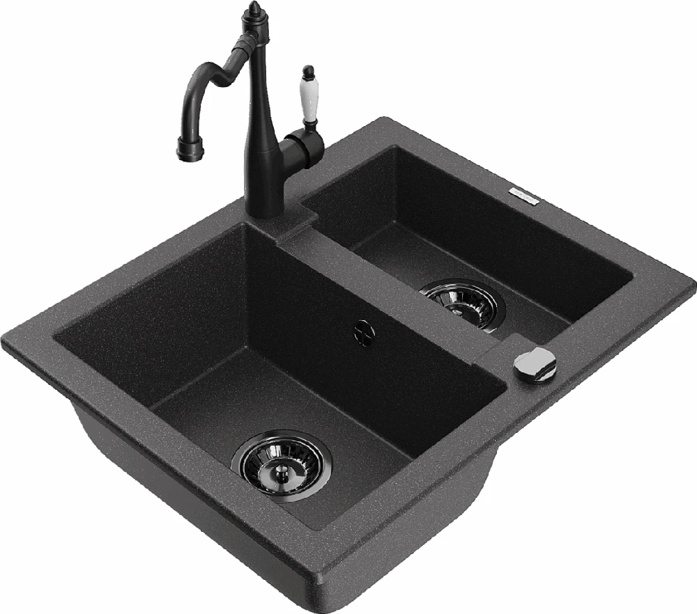 Granitinė virtuvinė plautuvė Mexen Carlos su maišytuvu ir sifonu, Juodas granite+Juodas