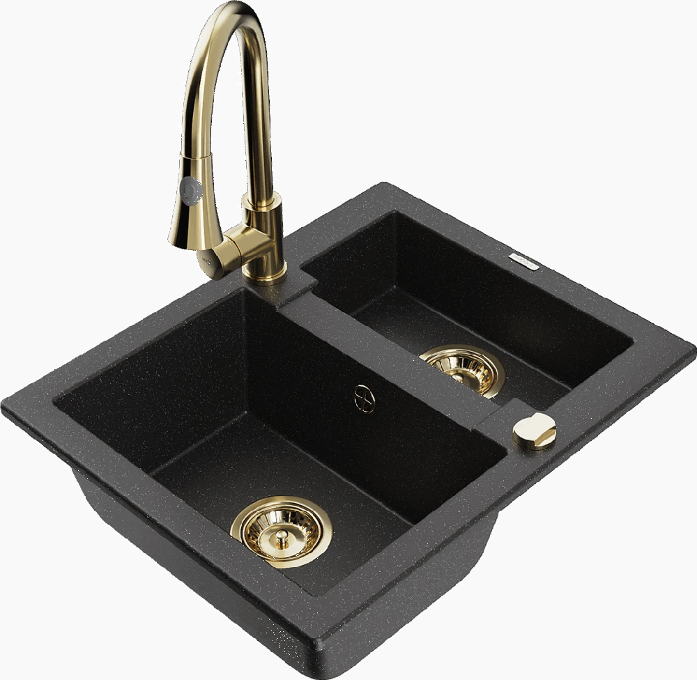 Granitinė virtuvinė plautuvė Mexen Carlos su maišytuvu ir sifonu, Metallic juodas/sidabrinis+Gold