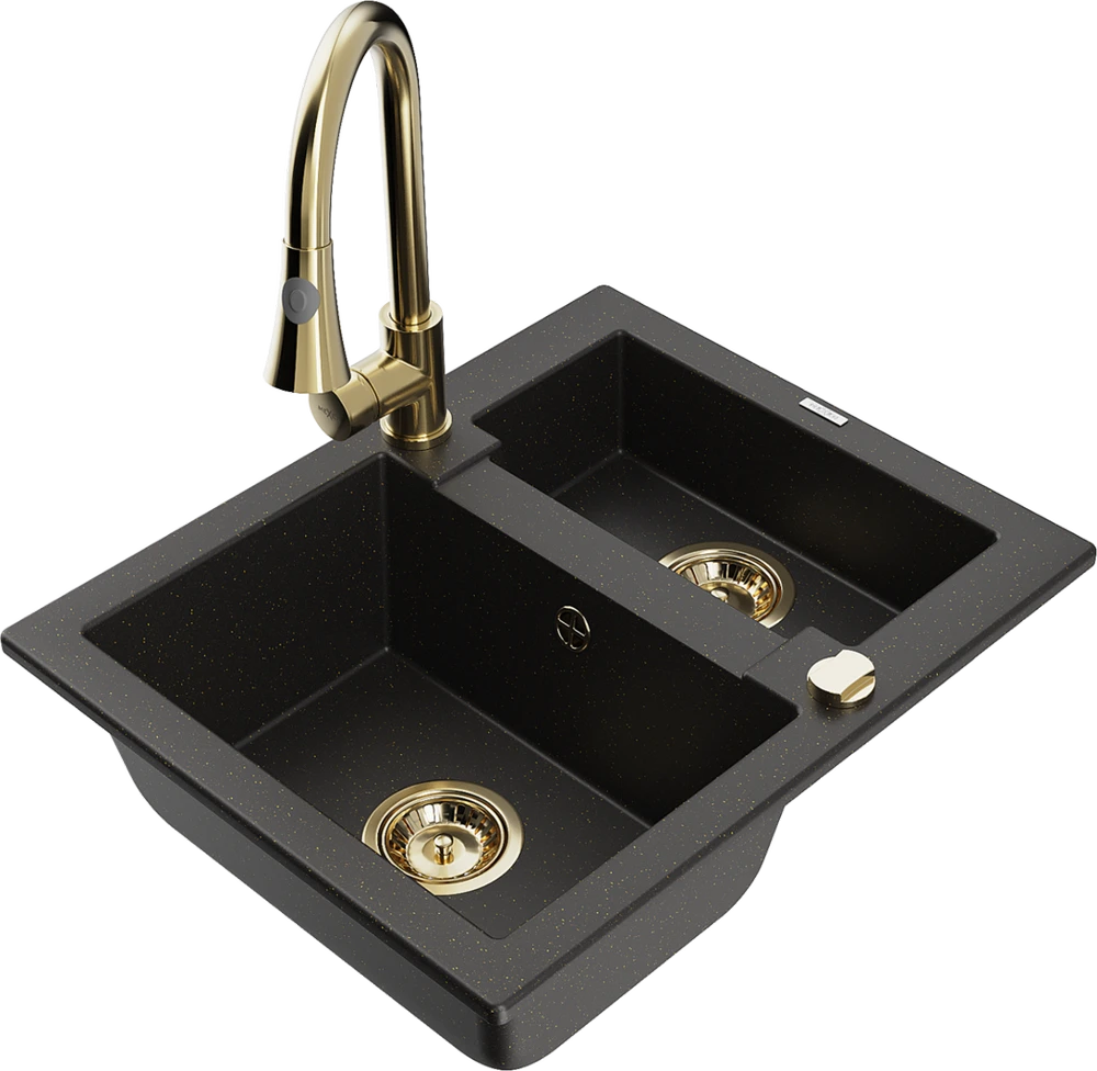 Granitinė virtuvinė plautuvė Mexen Carlos su maišytuvu ir sifonu, Metallic juodas/auksinis+Gold