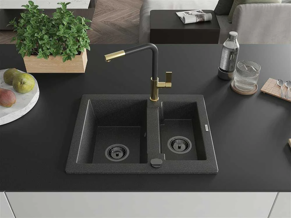 Granitinė virtuvinė plautuvė Mexen Carlos su maišytuvu ir sifonu, Juodas granite+Juodas/Gold