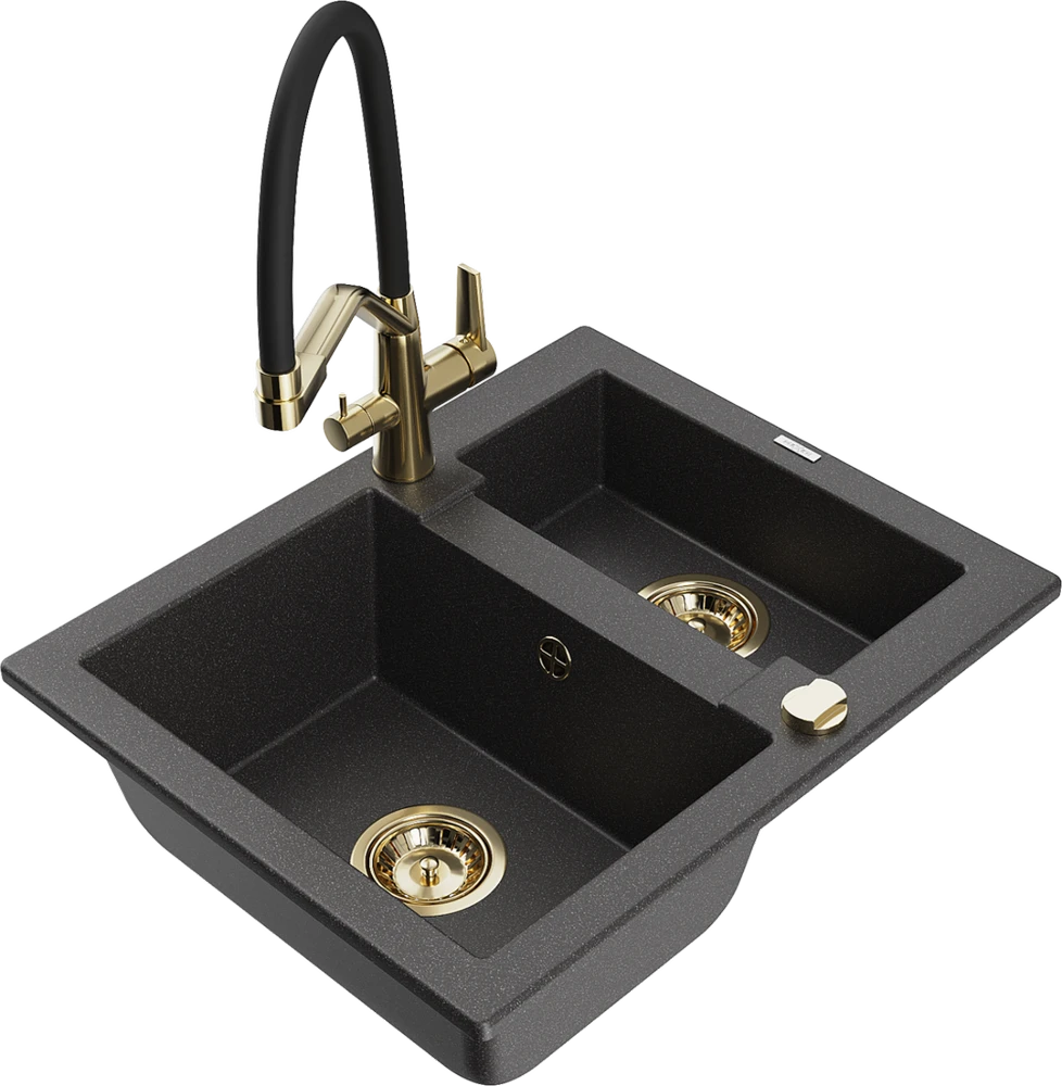 Granitinė virtuvinė plautuvė Mexen Carlos su maišytuvu ir sifonu, Juodas granite+Juodas/Gold