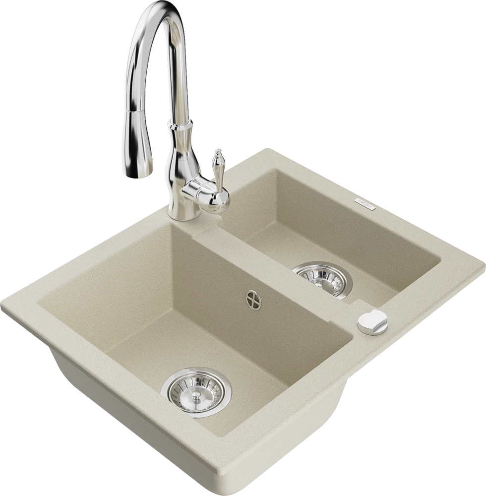 Granitinė virtuvinė plautuvė Mexen Carlos su maišytuvu ir sifonu, rusvai gelsvas+Chrome