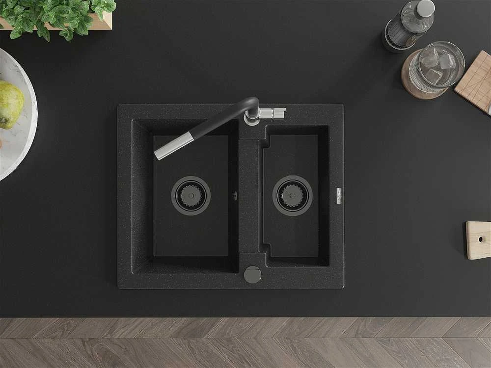 Granitinė virtuvinė plautuvė Mexen Carlos su maišytuvu ir sifonu, Metallic juodas/sidabrinis+Juodas/Chrome